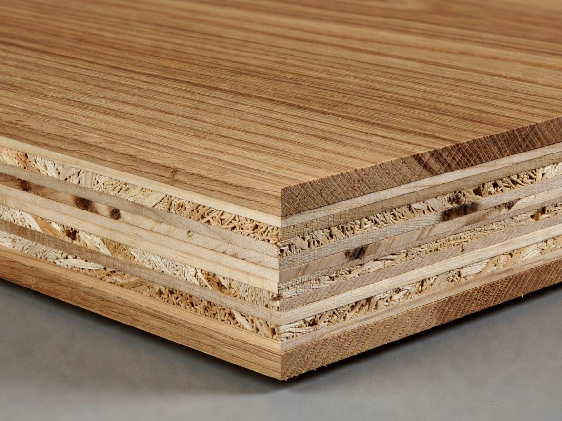 Cut edge of an engineered timber sample showing its layered construction