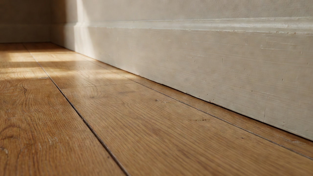 Existing skirting and timber floor junction being examined for gaps and surface condition