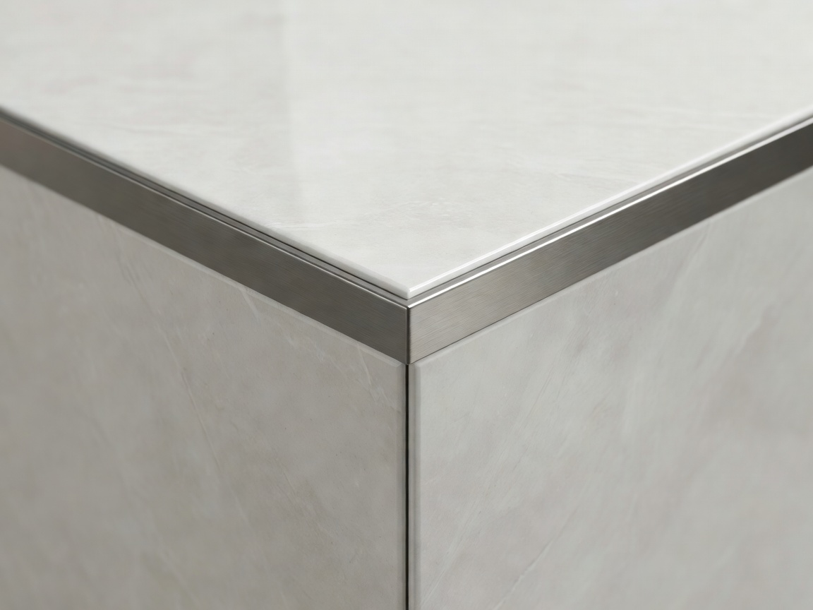 Porcelain tile edge meeting a neatly aligned metal trim
